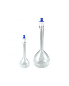 Qorpak 250mL Clear Volumetric Flask w/Blue Snap Cap, Class A, Astm E288 (Batch Certificate)